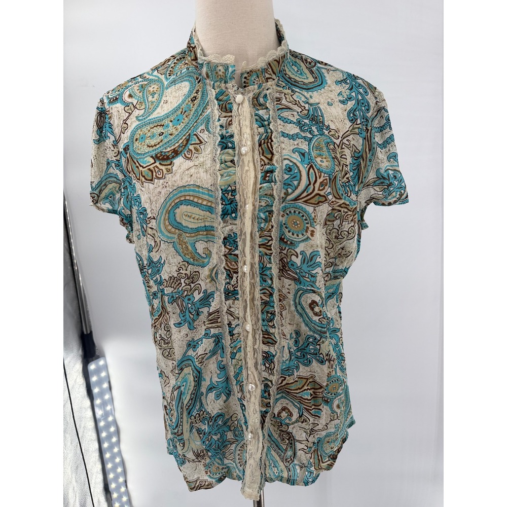 vintage style paisley lace trim blouse small turquoise brown boho mock neck top